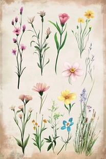 手绘复古风缤纷花卉图案