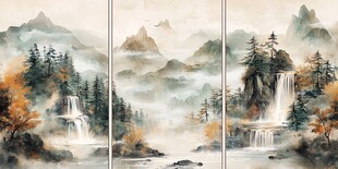 三联水墨山水秋景图