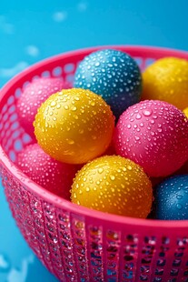 彩球水珠装于粉色篮中