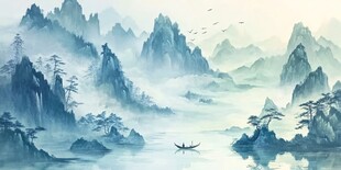 水墨山水间孤舟悠然行