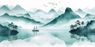 水墨山水间的孤舟美景