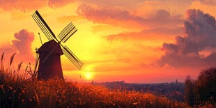 夕阳下的风车田园美景