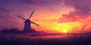 夕阳下的风车田园美景