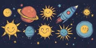 欢乐星球与火箭太空插画