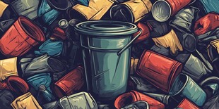 废弃桶堆中的绿色独桶