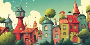 梦幻童话风彩色城堡小镇