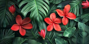 红花朵与绿芭蕉叶背景图