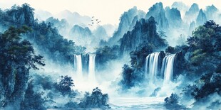 水墨山水间的壮丽瀑布景观