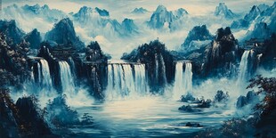 壮丽山水瀑布油画景观