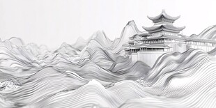 水墨山峦间的古韵楼阁