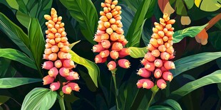 三株艳丽花卉与绿叶相伴