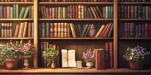 复古书架上的书籍与花卉