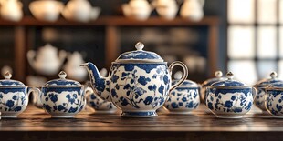 青花瓷茶具摆放在古朴木桌