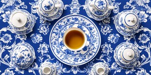 蓝白青花瓷茶具优雅呈现