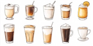 多样手绘咖啡饮品展示