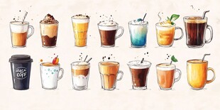 多样咖啡饮品插画展示