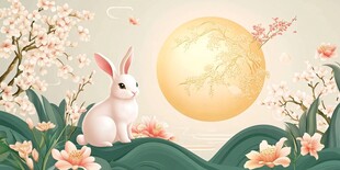 玉兔伴月赏烂漫春花