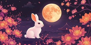 月下萌兔赏繁花