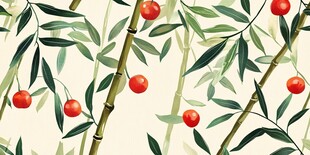 竹枝红果清新植物图案