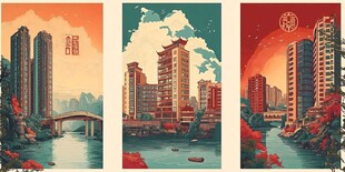 中式风格城市河畔风光组图