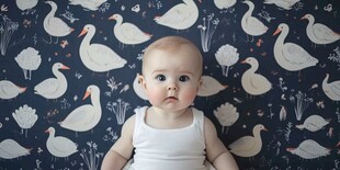 可爱宝宝身着白衣坐于鹅纹背景前