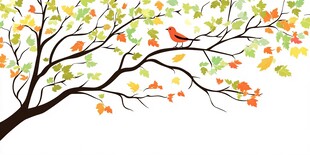 秋日枝头小鸟与多彩树叶