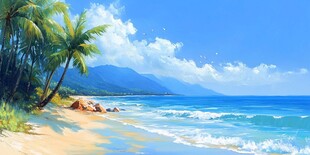 热带海滨美景 椰树伴海浪