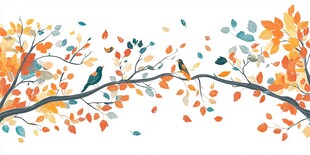 秋日树枝上的鸟儿与落叶