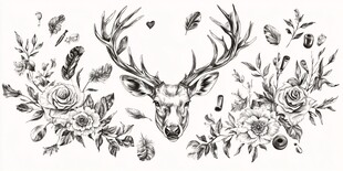 鹿头花卉手绘装饰图案