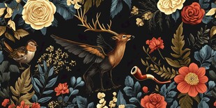 梦幻花鸟鹿复古风插画