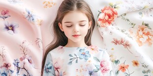 闭眼女孩置身缤纷花卉中