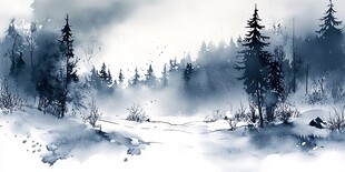 水墨风冬日山林雪景图