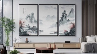 中式客厅三联山水装饰画