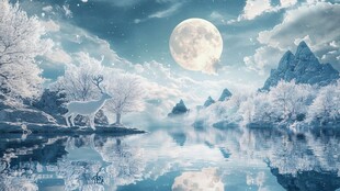 梦幻月夜下的冰雪鹿景