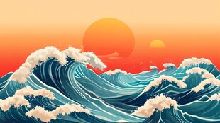 夕阳下的汹涌海浪