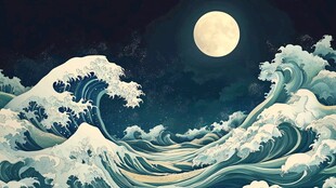 月夜下的汹涌海浪