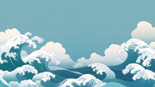 蓝色海浪与云朵插画场景