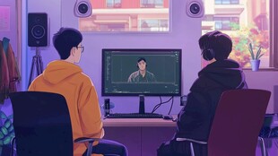 两人同屏观看视频场景