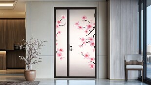 中式桃花图案玻璃推拉门