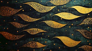 金色鱼群在暗绿背景中游弋