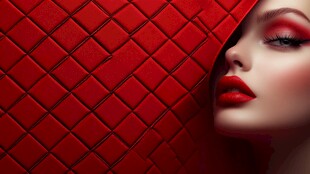 红唇佳人藏于红格背景间