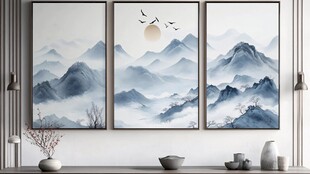 三联中式山水装饰画