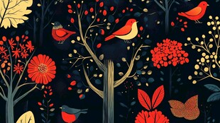 秋日花鸟缤纷插画图案