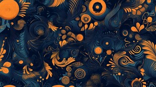 深蓝底橙色花卉抽象图案