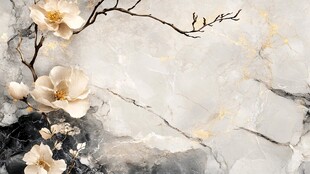 玉兰花枝映于水墨石纹间