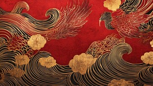 中式红底金纹凤凰海浪图