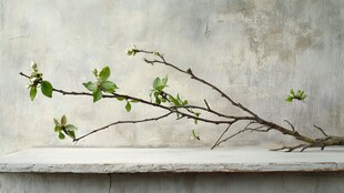 春日新枝静置于素雅背景