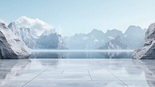 空灵山水前的平滑镜面平台