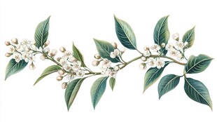 白色花卉绿叶枝条插画