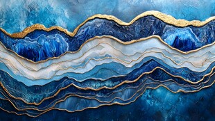 蓝色金纹抽象波浪艺术画